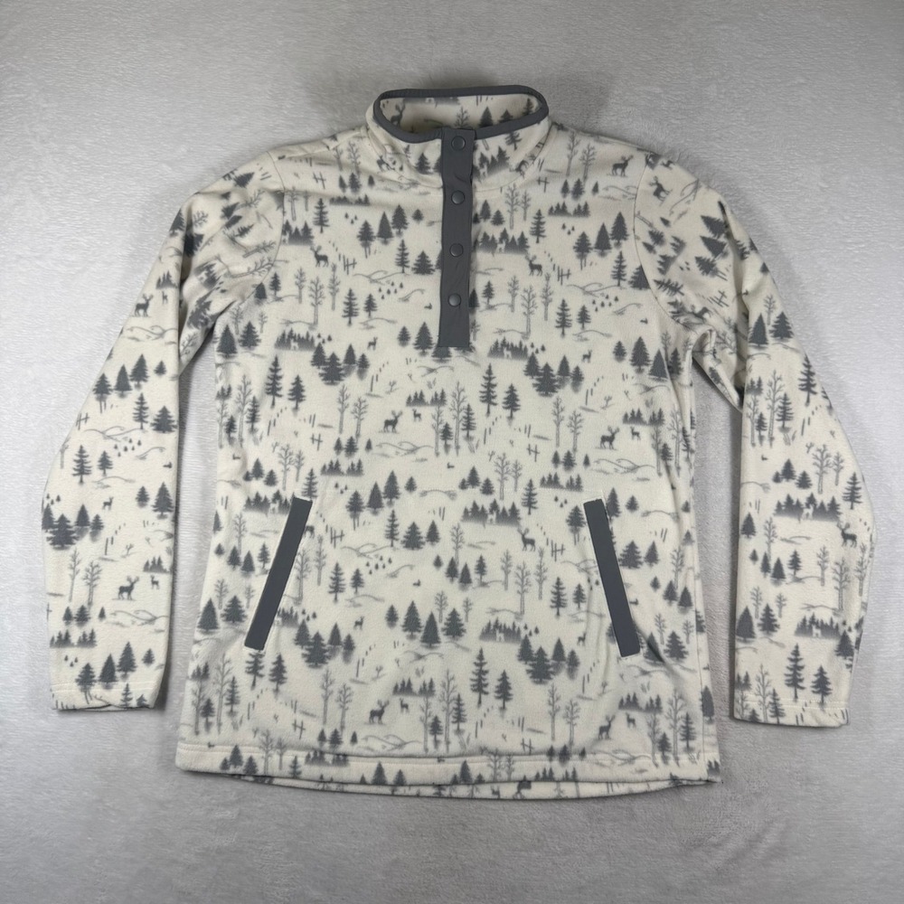 Duluth Trading Co Womens Small Fleece Snap Neck Pullover Forest Deer Print Grey